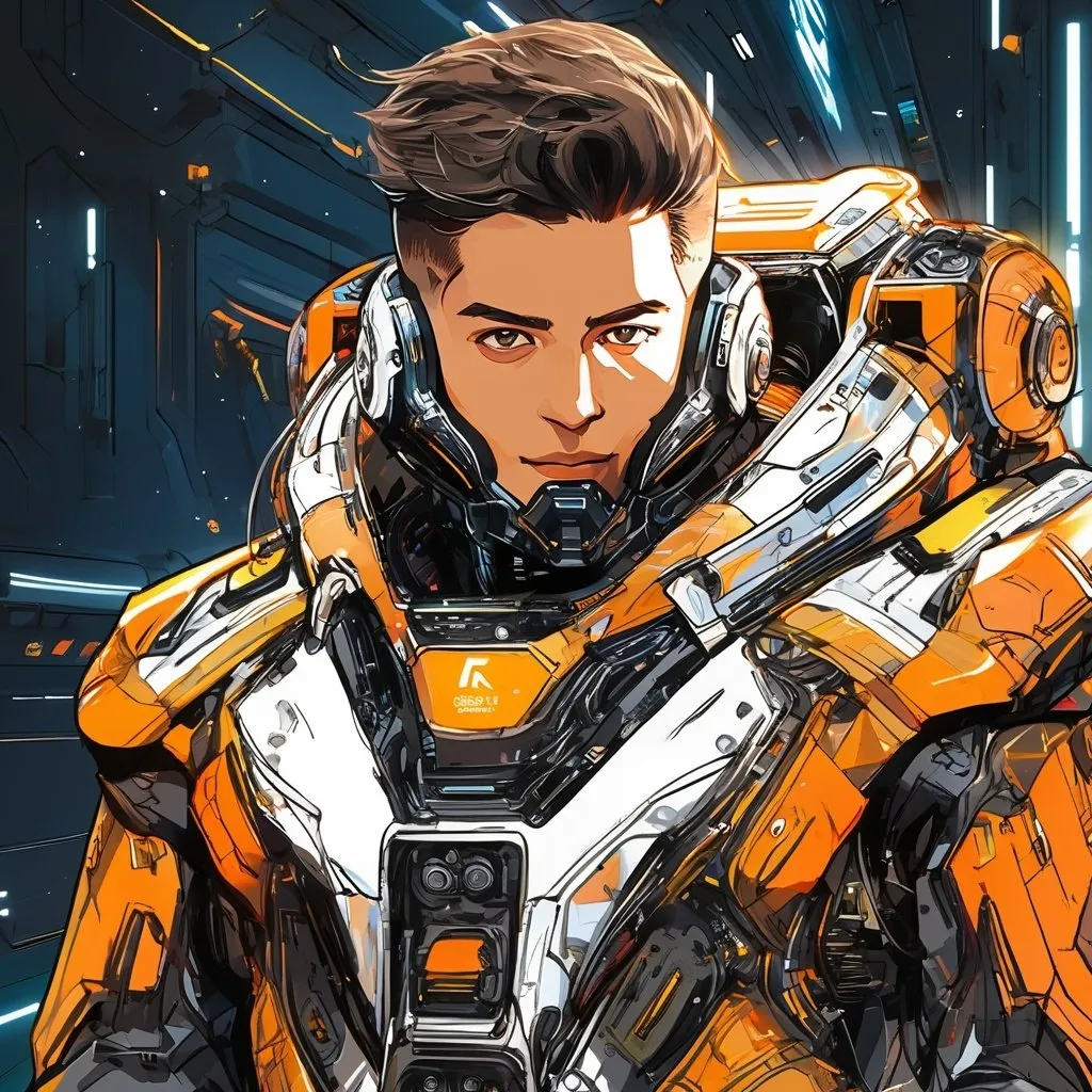 Prompt: a man, David Martinez from cyblerpunk edgerunner, portrait, clear face, wearing Future Pilot Suit, draw in Anime illustration, inside a mech, piloting, combat, detailed masterpiece, rich color