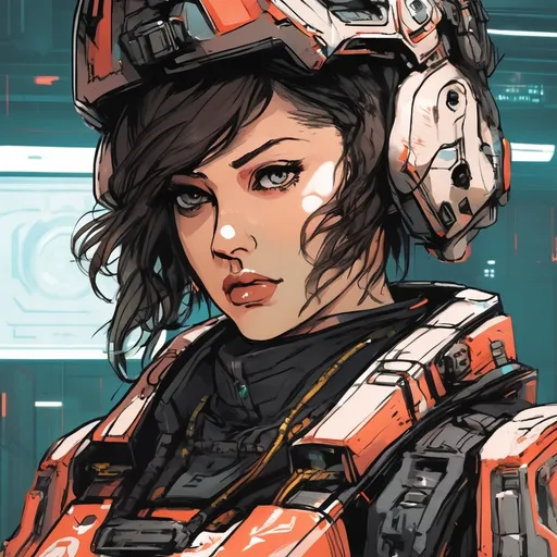Prompt: close up portrait of Lucyna Kushinada from Cyberpunk Edge runner wearing Mechwarrior Pilot clothing, draw in Anime illustration