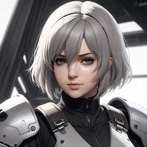 Prompt: a female, Nier Automata 2B, blinefold, gray hair, hair, portrait, wearing Mechwarrior Pilot clothing, draw in Anime illustration style