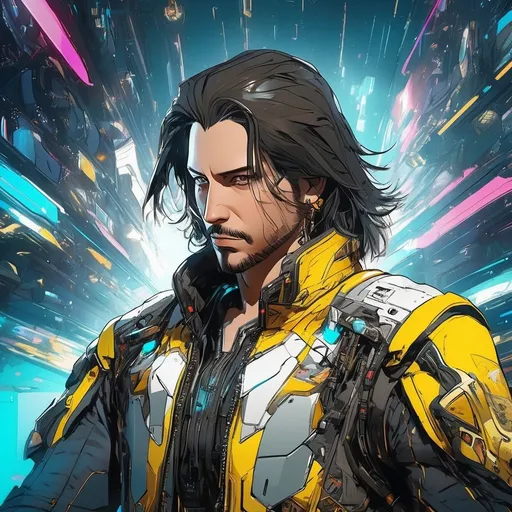 Prompt: a man, Johnny Silverhand from Cyberpunk 2077, portrait, clear face, wearing Future Pilot Suit, draw in Anime illustration, inside a mech, piloting, combat, detailed masterpiece, rich color