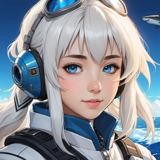 Prompt: a girl, vtuber character, gawr gura, blue anime eyes, medium-length twin tails, white hair, blunt bangs, blue streaks bangs, close up portrait, child face, happy, shark teeth, wearing Mechwarrior Pilot clothing, draw in Anime illustration, detailed masterpiece
