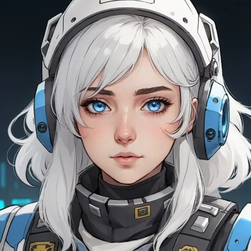 Prompt: a girl, vtuber character, gawr gura, blue eyes, white hair, close up portrait,  wearing Mechwarrior Pilot clothing, draw in Anime illustration