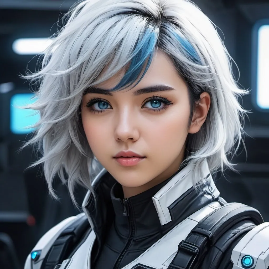 Prompt: a girl, Cyberpunk Edgerunners, Lucyna Kushinada, Lucyna Kushinada eyes color, white gray to blue gradient hair, close up portrait, wearing Mechwarrior Pilot clothing, draw in Anime illustration