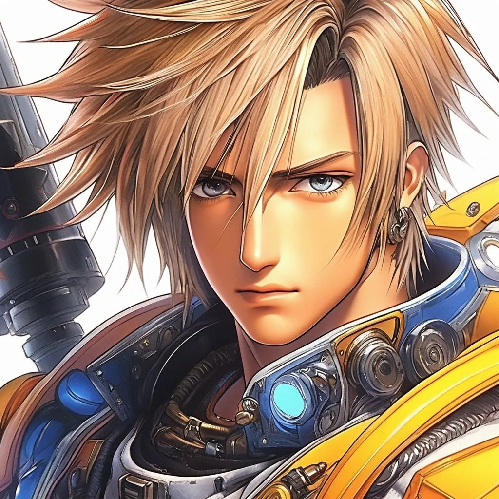 Prompt: a man, Tidus from Final Fantasy X portrait, clear face, wearing Future Pilot Suit, draw in Anime illustration, inside a mech, piloting, combat, detailed masterpiece, rich color