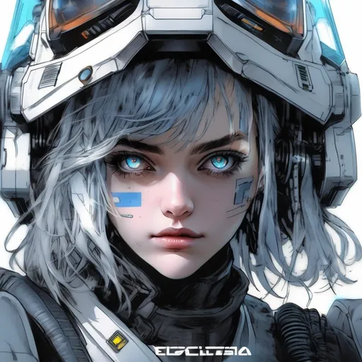 Prompt: a girl, Cyberpunk Edgerunners, Lucyna Kushinada, Lucyna Kushinada eyes color, white gray to blue gradient hair, portrait, wearing Mechwarrior Pilot clothing, draw in Anime illustration