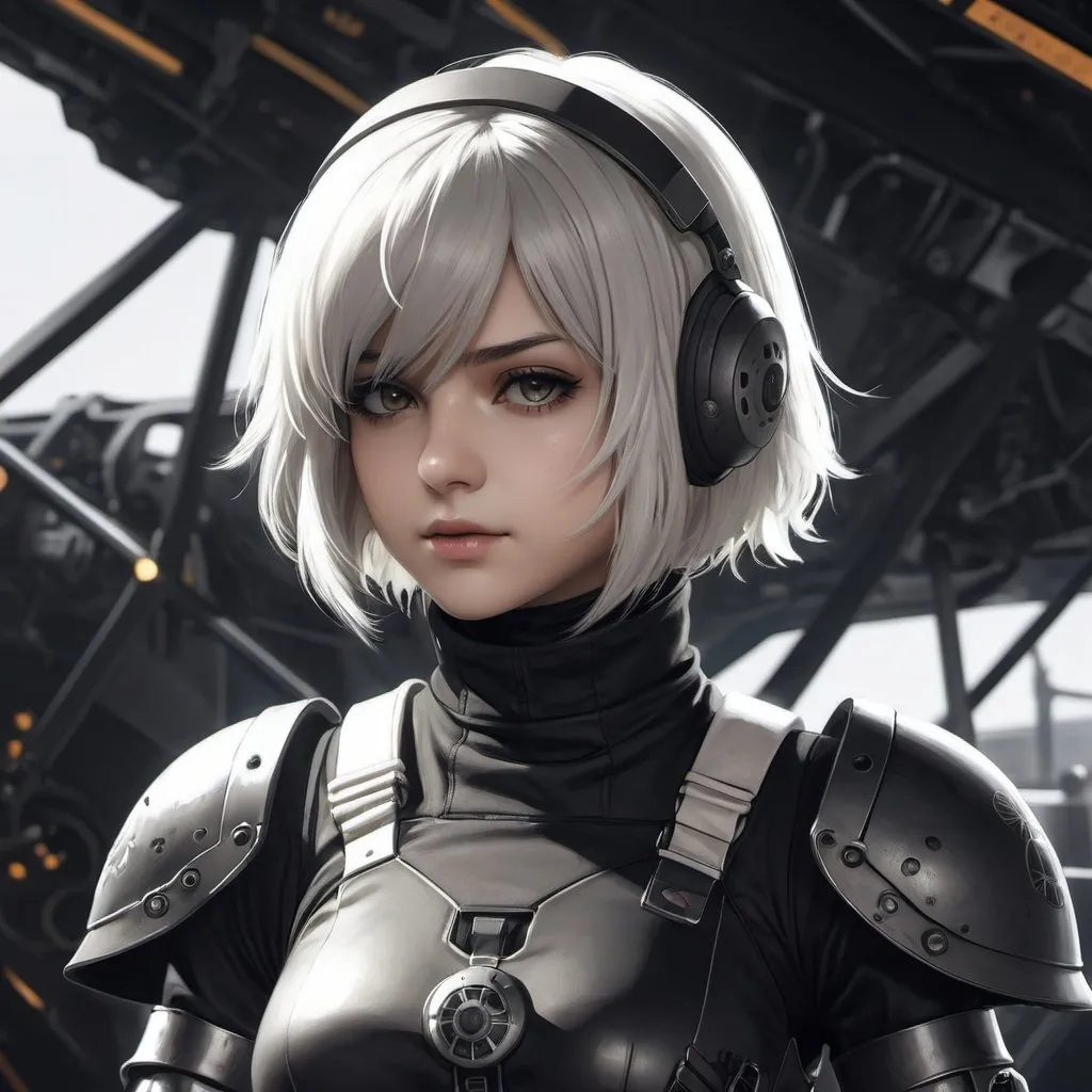 Prompt: a female, Nier Automata 2B, black hair, close up portrai, wearing Mechwarrior Pilot clothing, draw in Anime illustration, detailed masterpiece