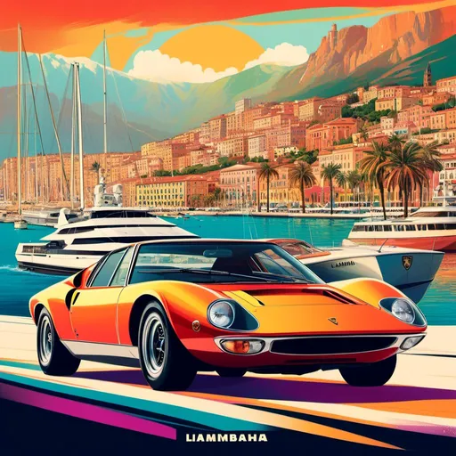 Prompt: Illustrated poster in <mymodel> style, 1968 Lamborghini Miura, vibrant colors, high-res, detailed, professional, scenic marina, luxury yachts, Monaco, distant mountains, sleek design, vintage, exotic, retro, scenic lighting, tropical colors, sunny, artistic, professional, 60s style, glamorous