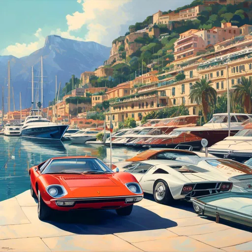 Prompt: 1968 Lamborghini Miura, Parked at a marina, in monaco, luxury yachts in background, mountains in distant background on the horizon, in <mymodel> style
