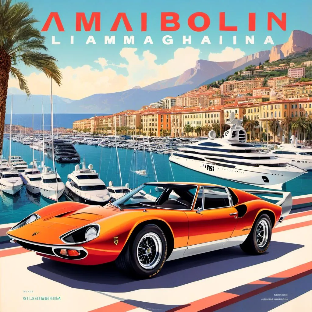 Prompt: An illustrated poster in <mymodel> style, of a 1968 lamborghini miura, Parked at a marina, in monaco, luxury yachts in background, mountains in distant background on the horizon,