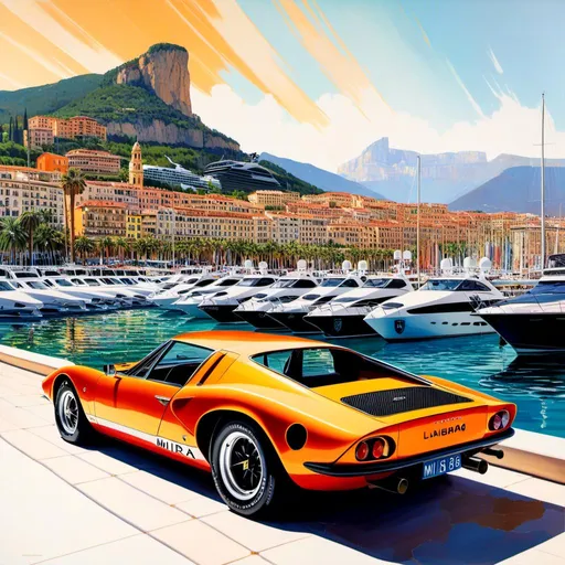 Prompt: A poster in <mymodel> style of a 1968 lamborghini miura, Parked at a marina, in monaco, luxury yachts in background, mountains in distant background on the horizon,