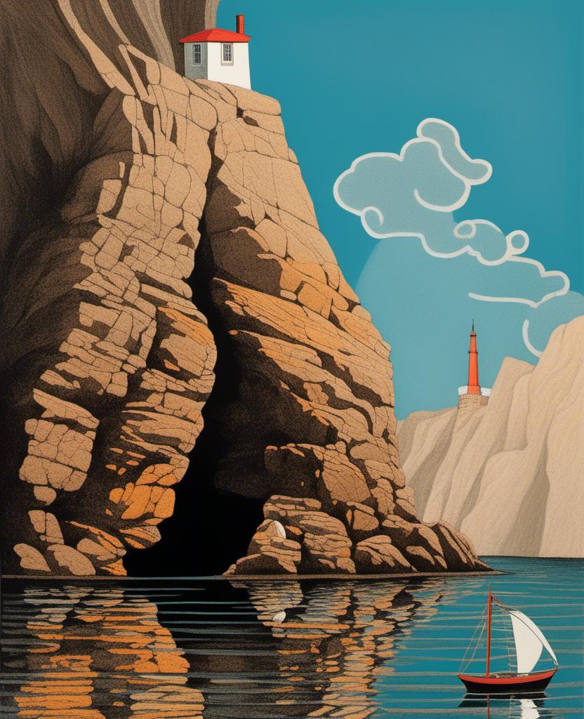 Prompt: a lighthouse is seen on a rocky cliff above the water in the ocean near a rocky cliff with a small boat, Chris LaBrooy, aestheticism, sense of depth, a cave painting<mymodel>