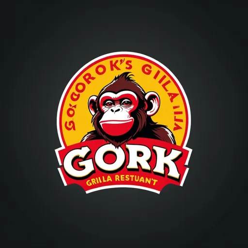 Prompt: a logo for a gork's grilla restaurant with a monkey on it's face and the word gork's grilla written in red, Diego Gisbert Llorens, international typographic style, logo, computer graphics