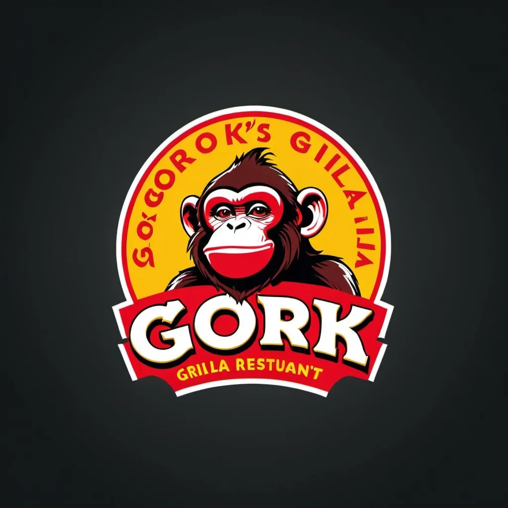 Prompt: a logo for a gork's grilla restaurant with a monkey on it's face and the word gork's grilla written in red, Diego Gisbert Llorens, international typographic style, logo, computer graphics