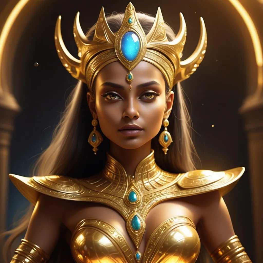 Prompt: A queen of aliens supreme race mavashi have golden glowing skin who ruled over the most of universe and dreamed to become supreme queen of entire universe