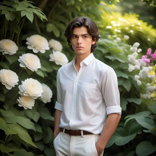 Prompt: Against a vibrant backdrop of lush greenery and blooming flowers, a young man stands confidently, dressed in a crisp white shirt that contrasts with the natural colors of the scene. His dark hair is tousled, adding a relaxed touch to his composed demeanor, as he gazes slightly off-camera, suggesting a moment of introspection or calm. The soft sunlight filters through the foliage, casting a gentle glow that enhances the cheerful atmosphere created by the surrounding daisies and grass. The composition captures a serene yet lively essence, evoking a sense of harmony with nature and the joys of youth.