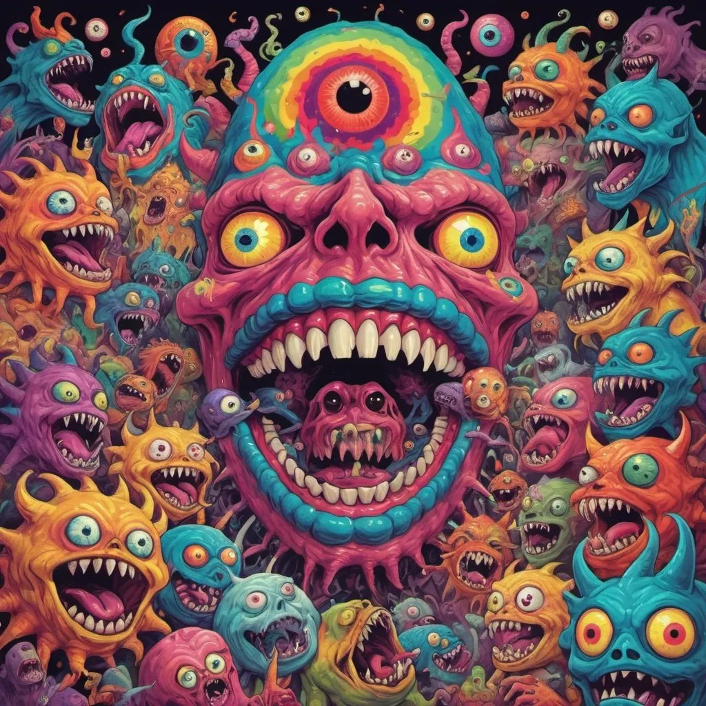 Prompt: A hallucination fever dream lsd trip with monsters and mouths full of sharp teeth and eyeballs everywhere and everything is very colorful 