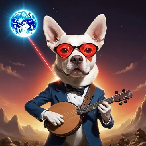 Prompt: The world being taken over by dog overlords that shoot lasers out of their eyes and are carrying banjos.