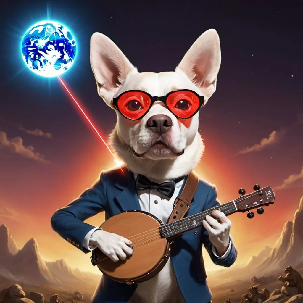 Prompt: The world being taken over by dog overlords that shoot lasers out of their eyes and are carrying banjos.