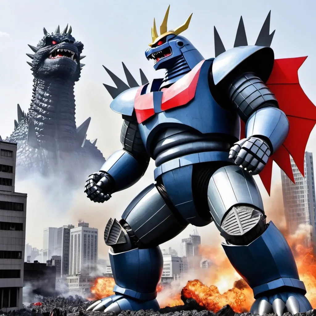 Prompt: Space Godzilla is battling Mazinger Z in a large city.