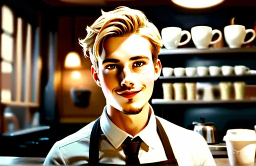 Prompt: Portrait of a young male barista, soft smile, mysterious, short blond hair, detailed eyes, soft lighting, warm tones, professional, 3D rendering, coffee shop setting, detailed features, highres, art nouveau style.