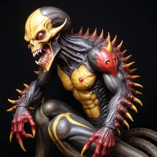 Prompt: a painting of a demon with a large head and large arms, with a red, yellow, and black color scheme, Anne Stokes, shock art, alien, an airbrush painting