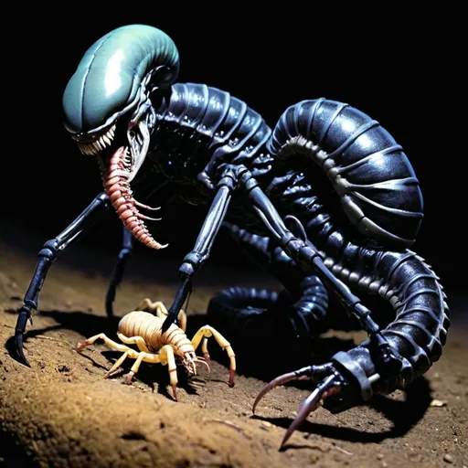 Prompt: Xenomorph-headed stinger at the end of a snake-tailed black scorpion, pearlescent tint, vivid, realistic, vibrant, hyperrealistic, hyperdetailed, organs spilling out of rotting corpses, highlighting baby xenomorphed scorpions crawling from corpses, jump scare