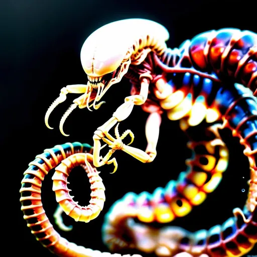 Prompt: highlight xenomorph head at end of snake-tailed scorpion,pearlescent tint, vivid, realistic, vibrant, hyperrealistic, hyperdetailed, organs spilling out of rotting corpses, baby xenomorphed scorpions crawling in corpses, jump scare, 