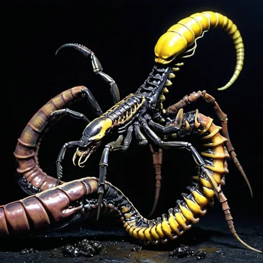 Prompt: Xenomorph-headed stinger at the end of a snake-tailed black scorpion, pearlescent tint, vivid, realistic, vibrant, hyperrealistic, hyperdetailed, organs spilling out of rotting corpses, highlighting baby xenomorphed scorpions crawling from corpses, jump scare