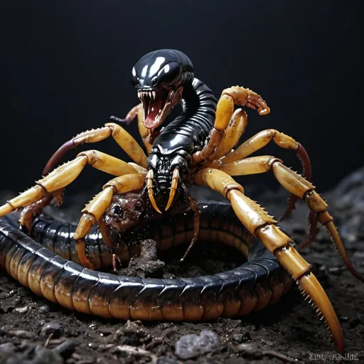 Prompt: Xenomorph-headed stinger at the end of a snake-tailed black scorpion, pearlescent tint, vivid, realistic, vibrant, hyperrealistic, hyperdetailed, organs spilling out of rotting corpses, highlighting baby xenomorphed scorpions crawling from corpses, jump scare