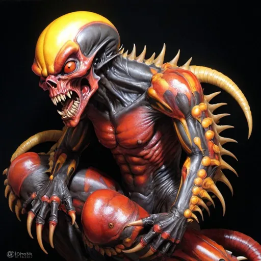 Prompt: a painting of a demon with a large head and large arms, with a red, yellow, and black color scheme, Anne Stokes, shock art, alien, an airbrush painting