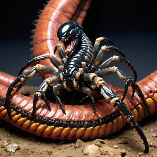 Prompt: Xenomorph-headed stinger at the end of a snake-tailed black scorpion, pearlescent tint, vivid, realistic, vibrant, hyperrealistic, hyperdetailed, organs spilling out of rotting corpses, highlighting baby xenomorphed scorpions crawling from corpses, jump scare