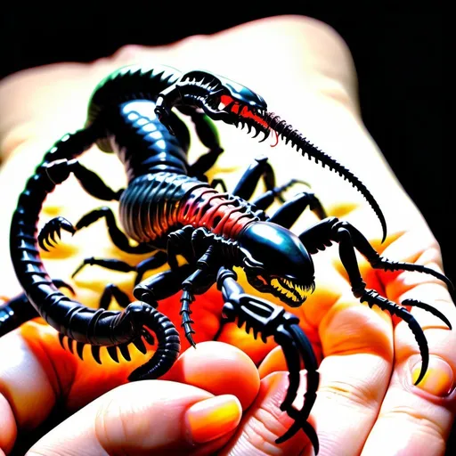 Prompt: highlight xenomorph-headed-stinger at end of snake-tailed-black-scorpion,pearlescent tint, vivid, realistic, vibrant, hyperrealistic, hyperdetailed, organs spilling out of rotting corpses, highlght baby xenomorphed scorpions crawling from corpses, jump scare, 