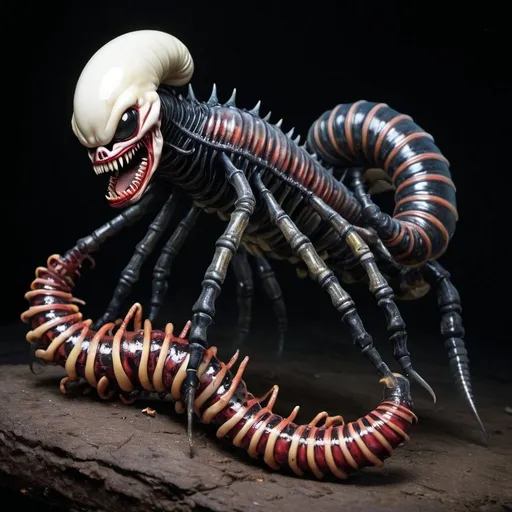 Prompt: massive evil clown faced Xenomorph millipede, pearlescent tint, vivid, realistic, vibrant, hyperrealistic, hyperdetailed, eating a bloody baby, jump scare, horror, on hindlegs,gripping ripped bloody human body parts at each of its legs halfway down its body