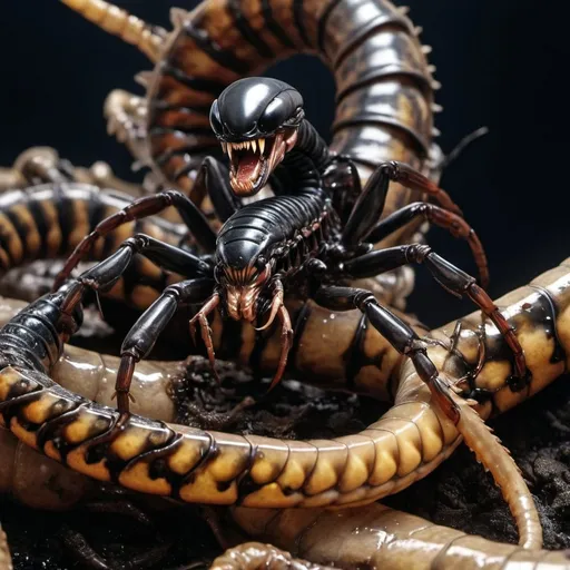 Prompt: Xenomorph-headed stinger at the end of a snake-tailed black scorpion, pearlescent tint, vivid, realistic, vibrant, hyperrealistic, hyperdetailed, organs spilling out of rotting corpses, highlighting baby xenomorphed scorpions crawling from corpses, jump scare