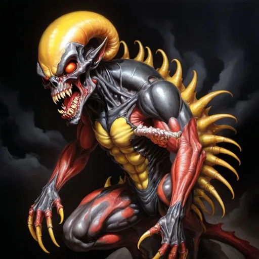 Prompt: a painting of a demon with a large head and large arms, with a red, yellow, and black color scheme, Anne Stokes, shock art, alien, an airbrush painting