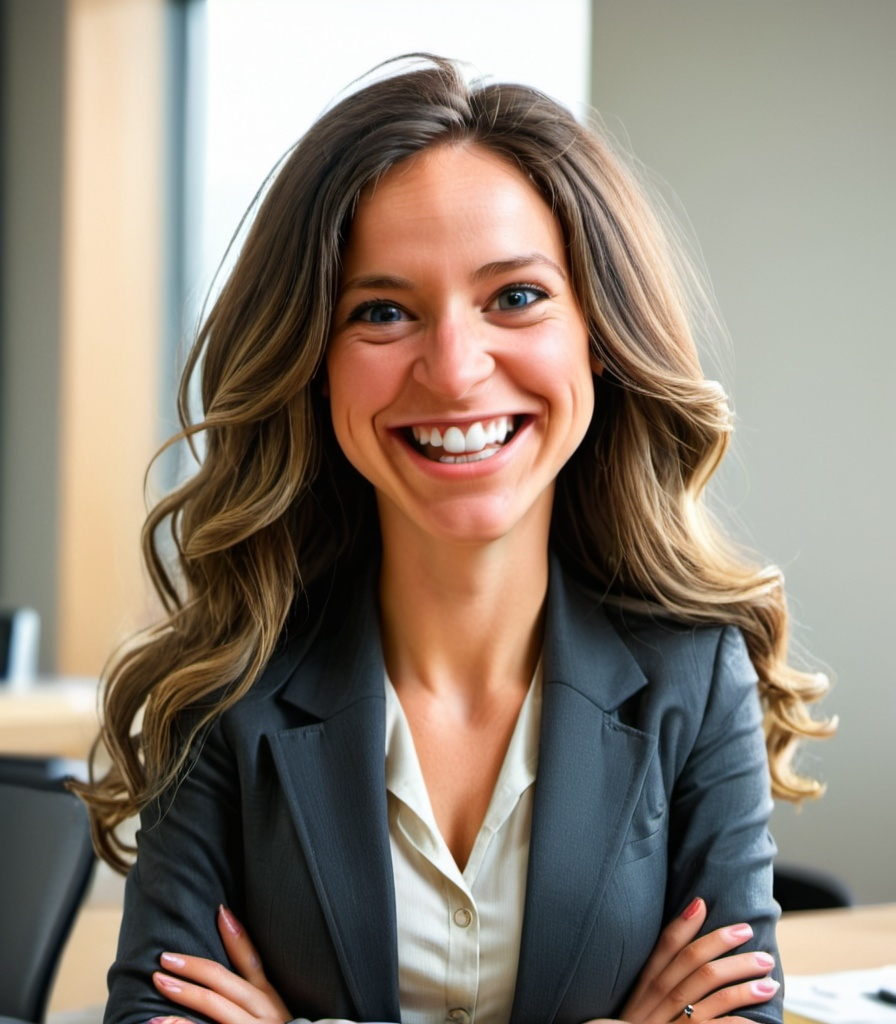 Prompt: (youthful business professional woman laughing), long stylish hair, modest clothing, white shirt and dark charcoal jacket, arms crossed, engaging expression, bright office setting, natural light, cheerful ambiance, modern decor, high-resolution, ultra-detailed, inviting atmosphere, adds warmth and positivity to the office space.