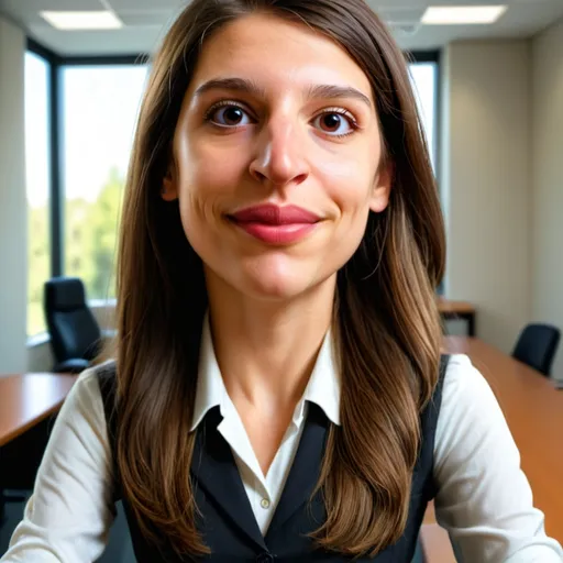 Prompt: a good looking, youthful woman in professional attire (white shirt), with a lip-closed big smile (no lipstick), long straight brown hair, standing in a warm and bright modern office with her arms down, holding her hands in front of her, academic art, professional photo, a character portrait