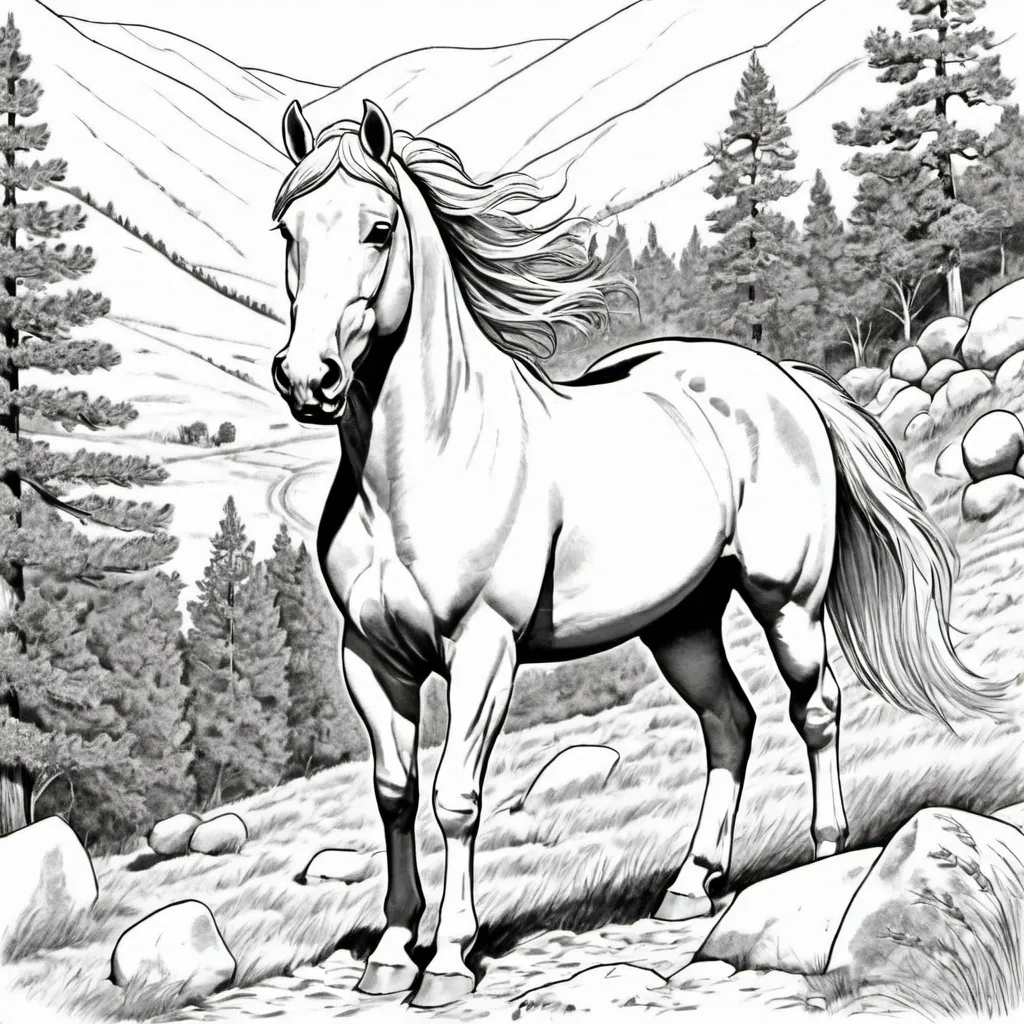 Prompt: desenho para colorir de um cavalo correndo na montanha