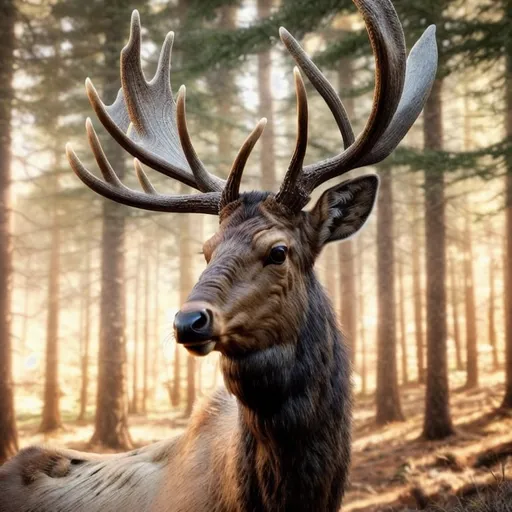 Prompt: A majestic elk with a radio embedded in its antlers, forest setting, realistic painting, vintage tones, warm and soft lighting, detailed fur with natural textures, vintage radio with glowing dials, woodland atmosphere, high quality, realistic, vintage, warm tones, natural lighting