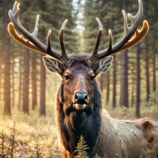 Prompt: A majestic elk with a radio embedded in its antlers, forest setting, realistic painting, vintage tones, warm and soft lighting, detailed fur with natural textures, vintage radio with glowing dials, woodland atmosphere, high quality, realistic, vintage, warm tones, natural lighting