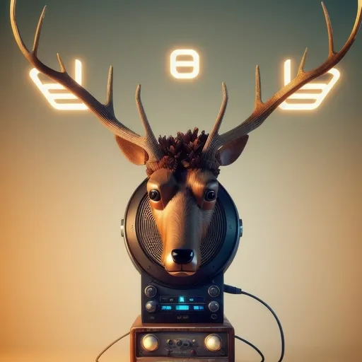 Prompt: Radio Elk, digital art, retro vibe, vintage radio design, elk with antlers, cool tech details, warm nostalgic tones, soft lighting, 4k, detailed, retro-futuristic, vintage, warm tones, atmospheric lighting