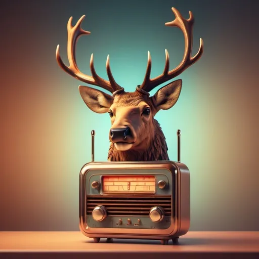 Prompt: Radio Elk, digital art, retro vibe, vintage radio design, elk with antlers, cool tech details, warm nostalgic tones, soft lighting, 4k, detailed, retro-futuristic, vintage, warm tones, atmospheric lighting