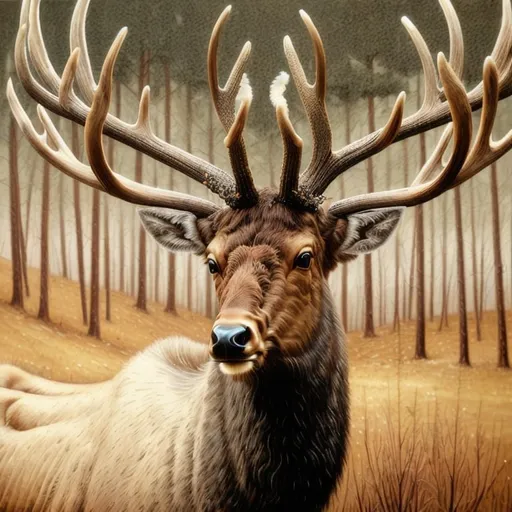Prompt: Detailed, realistic oil painting of a majestic elk with radio elements, vintage sepia tones, forest background, intricate antlers, rustic radio equipment integrated into the scene, intricate fur details, vintage, realistic, sepia tones, forest setting, detailed antlers, radio integration, detailed fur, high quality