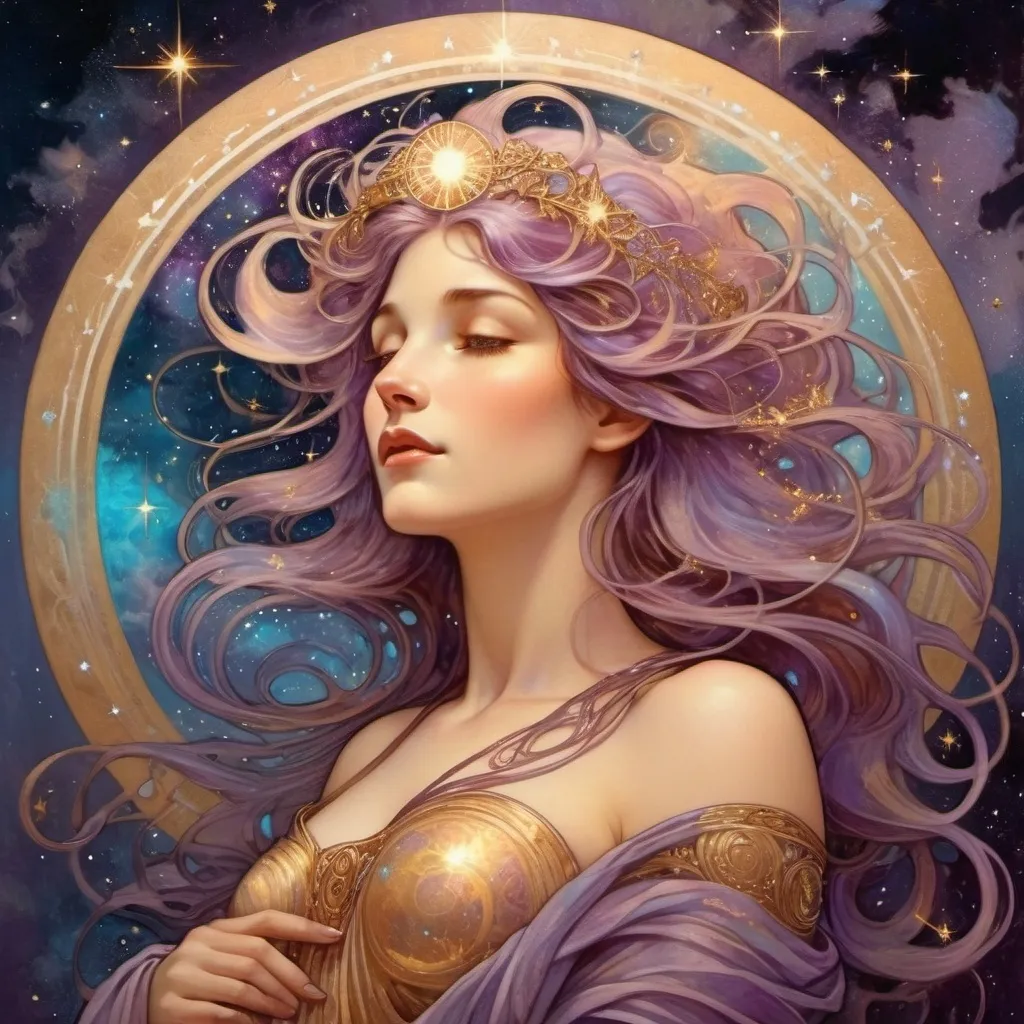 Prompt: "A breathtaking, ultra-detailed painting of a mystical celestial goddess standing under a sky filled with swirling galaxies and glowing nebulae. Her flowing hair transforms into cosmic dust and stars, creating a mesmerizing celestial aura. She wears a shimmering golden robe, reflecting the light of distant planets, with delicate silver moon tattoos glowing on her skin. Her eyes radiate divine wisdom, and her outstretched hands release a cascade of stardust and light, symbolizing creation and magic. The background is filled with a dreamy blend of deep purples, blues, and gold, creating a surreal and enchanting atmosphere. Displayed in a modern luxury home, framed with gold accents, under soft ambient lighting. Ultra-HD, 8K resolution, hyper-realistic textures, and cinematic lighting—designed to captivate and inspire.


