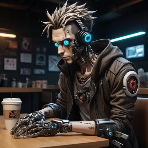 Prompt: Anime cyberpunk style, man in coffee shop that has digital replacement for eyeballs, replacement left hand that has chainsaw for fingers, highly detailed, HD, dark background