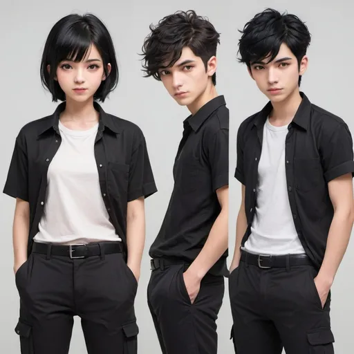 Prompt: 1girl, black hair, facial hair, multiple boys, pants, short hair shirt colour change