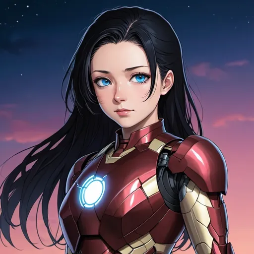 Prompt: Nezuko,iron man suit,, short black hair, blue eyes, blue moon background 