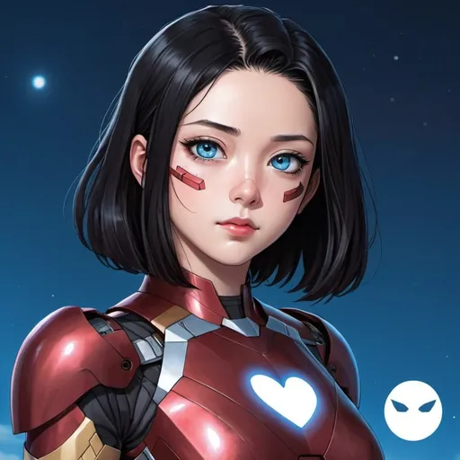 Prompt: Nezuko,iron man suit, short bob cut black hair, blue eyes, blue moon background,, Heart shape tatoo on cheek, eye patch