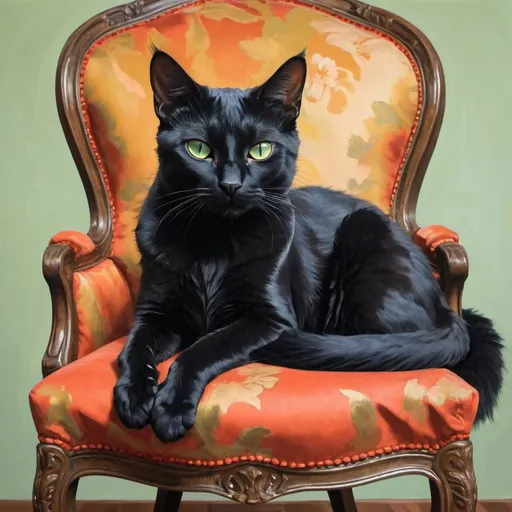 Prompt: Black cat with grren eyes sitting on a chair in the style of tiepolo
