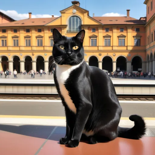 Prompt: A black tuxedo cat with visiting bologna centrale train station in the style of lorenzo lotto

